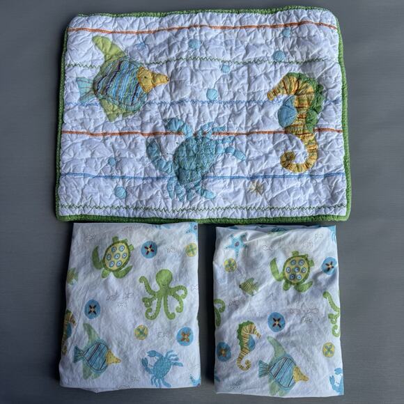 Pottery Barn Kids Ocean Critters Quilted Pillow Sham & Toddler Crib Set 2 Sheets - Picture 1 of 10